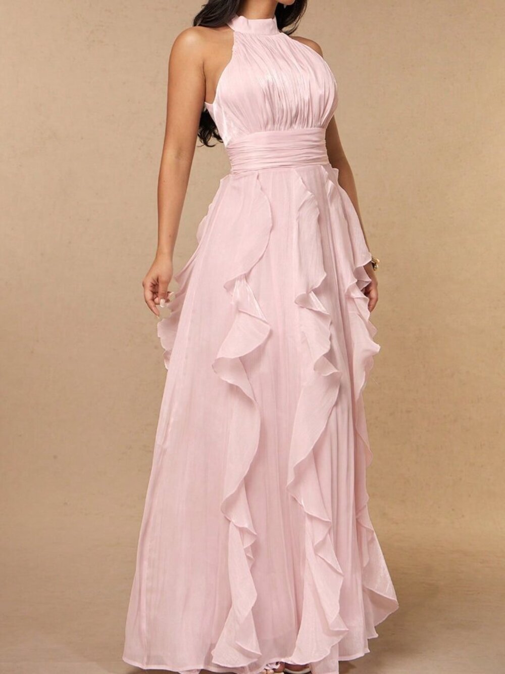 Pink Elegant Women's Ruffled Halter Neck Maxi Dress